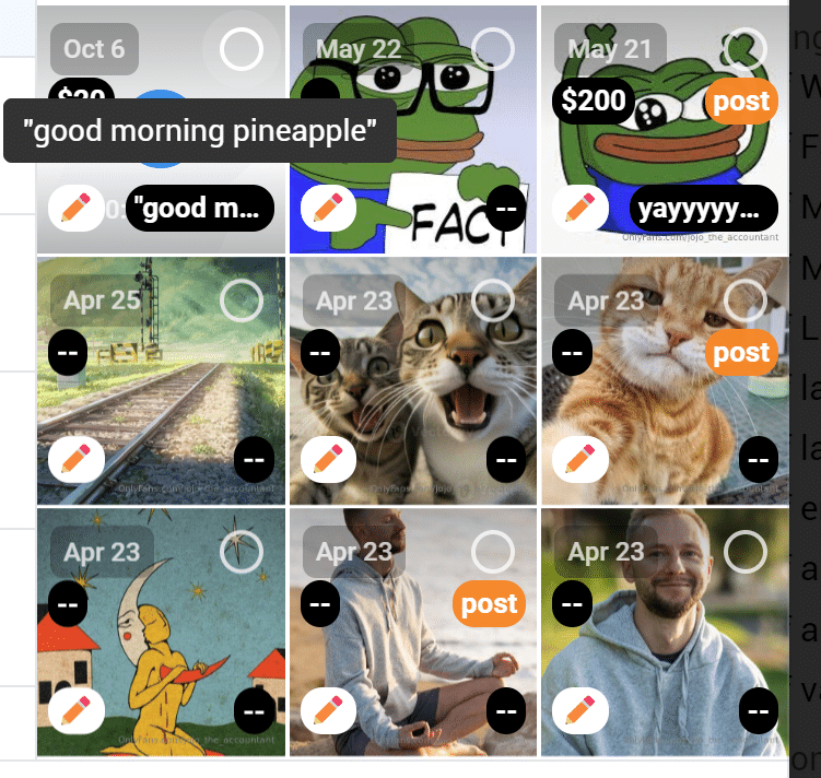 Vault grid with caption labels, prices and post tags on each item
