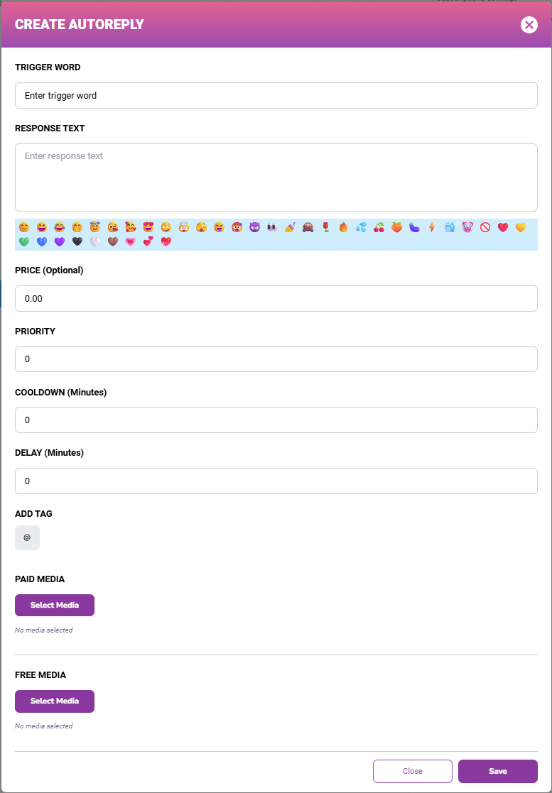 Create autoreply dialog with trigger word, response text, emoji bar, price, priority, cooldown and delay