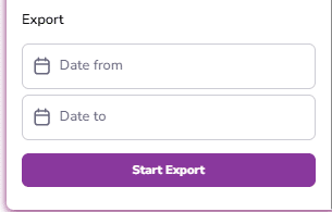 Export panel with date from, date to and Start export button