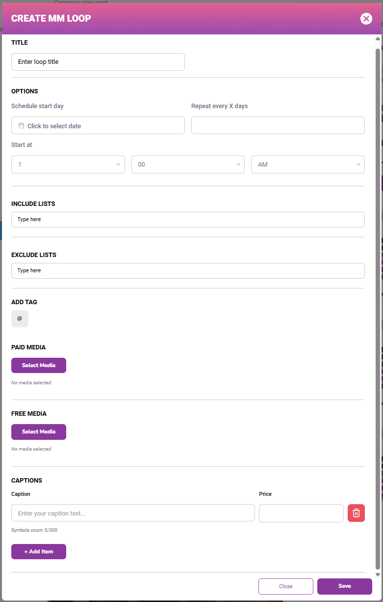 Create MM loop dialog with title, schedule start day, repeat every X days, start time, include and exclude lists, paid and free media