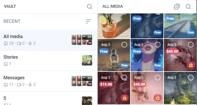 Vault media grid with Free labels, prices and locked icons