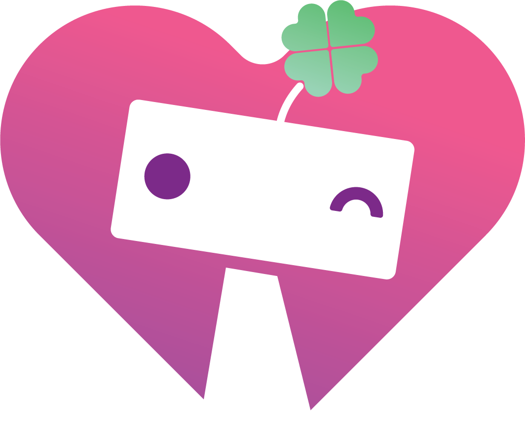 PostCharm logo - A winking robot with a four leaf clover on its antenna inside a heart shape.